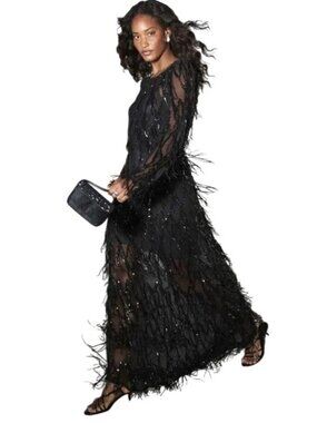 Black Fringe Sequin Maxi Dress Sheer Overlay US 12 By Next